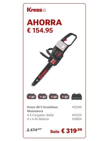 KIT MOTOSIERRA KRESS KG346.9 - 40V 35 Cm + 4 BATERIAS DE 4Ah + CARGADOR DOBLE