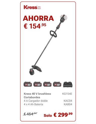 KIT DESBROZADORA CON ASA KRESS KG154E.9 CON 4 BATERIAS DE 4Ah + CARGADOR DOBLE